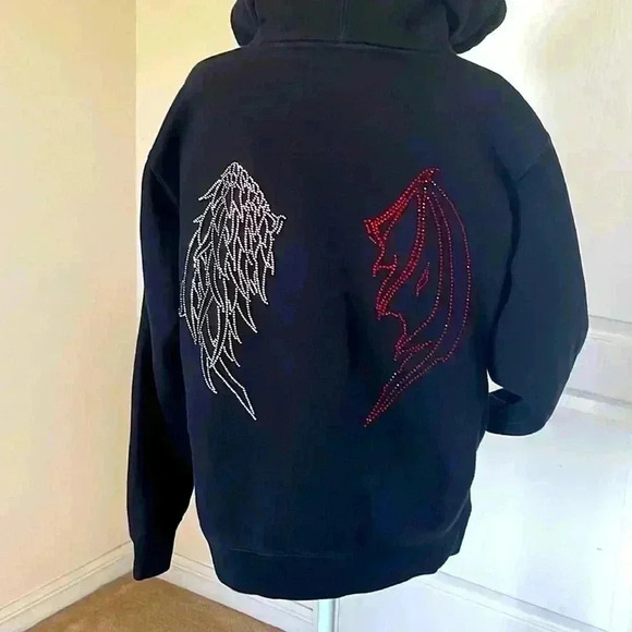 Seven Emotions Super Rare Devil and Angel Wing Rhinestone Hoodie Size XS Unisex - Picture 5 of 7